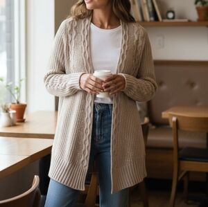Club Monaco Cream Cable Knit Open Cardigan Sz Small